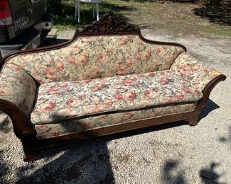 $50 Antique Sofa
The sofa is beautiful! Wood trim & floral upholstery. The foot on the sofa was repaired and has a chip. 
80” long 