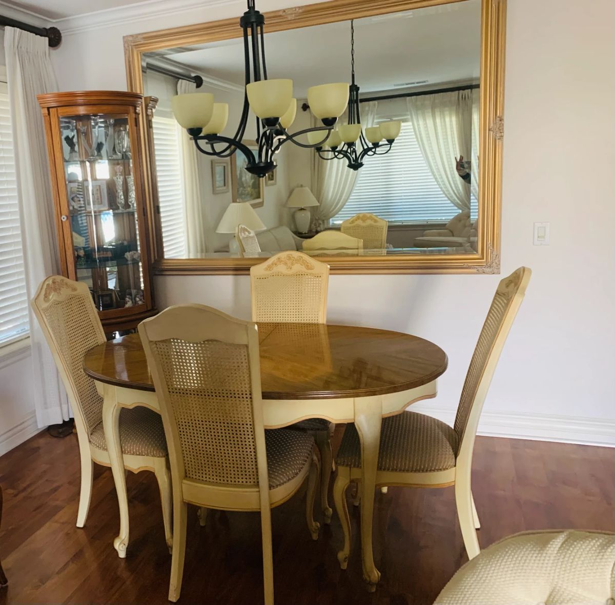 Blonde Dining Set w/ 4 chairs and table leaf / large gold wall mirror