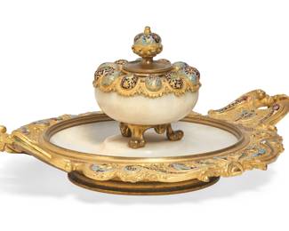 A French gilt bronze mounted champleve enamel and alabaster inkwell
late 19th century