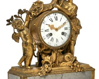 A Louis XVI gilt bronze and grey marble figural mantel clock
late 18th century