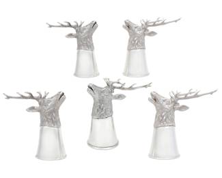 An assembled set of five German sterling silver stag form stirrup cups
four marked for J.D. Schleissner & Söhne, Hanau; all retailed by Tiffany & Co.
20th century