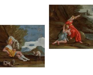 A pair of Continental reverse painted scenes of figures in a landscape
late 17th/early 18th century