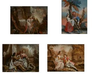 Four Continental reverse paintings on glass depicting figures in various pursuits
19th century