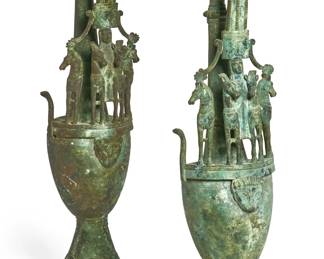 A pair of Etruscan style verdigris bronze ewers
20th century