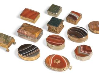 Twelve Continental metal mounted agate and hardstone boxes
late 19th-20th century