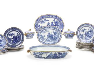 An assembled Spode blue and white transfer decorated part dinner service in the Queen Charlotte pattern
circa 1800