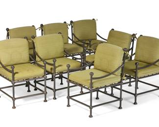 A set of eight Murray's Ironworks patinated iron Etruscan garden dining armchairs
modern