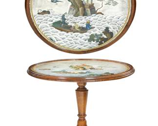 A George III style mahogany and Chinoiserie eglomise tilt top tripod table
early 20th century