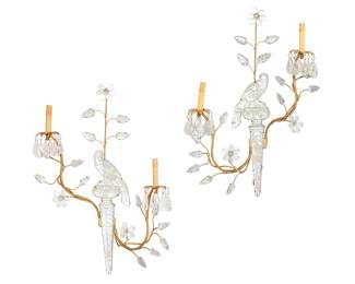 A pair of Maison Baguès style gilt metal, rock crystal and molded glass parrot form twin branch wall lights
modern