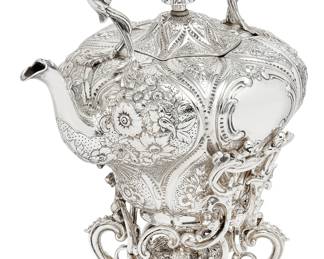 A large Victorian sterling silver hot water tipping kettle on associated stand
John Samuel Hunt, London
the kettle 1853, the stand 1849