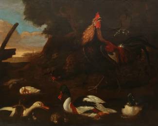 A Cockerel, Hen and Ducks