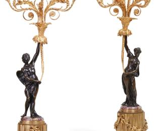 A pair of Louis XVI style gilt and patinated bronze and brèche violette marble figural three light candelabra
late 19th century