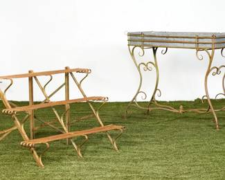 A French wrought iron jardinière and folding tiered plant stand
possibly Arras
early 20th century