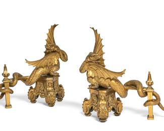 A pair of Régence style gilt bronze dragon form chenets
late 19th century