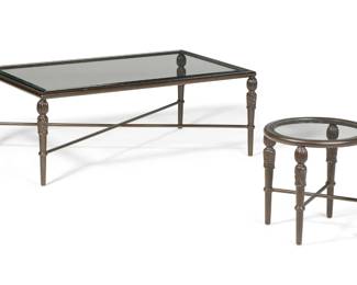 A Murray's Ironworks painted aluminum Concord garden rectangular coffee table and circular end table
modern