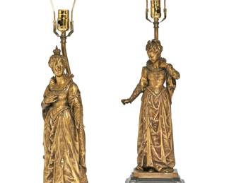 A pair of French gilt bronze and black slate figures now as lamps
late 19th century