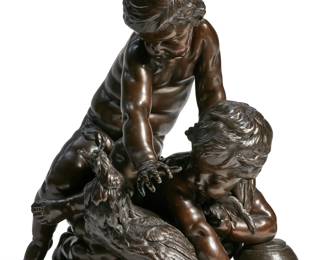 A Continental patinated bronze figural group of putti with a cockerel
late 19th/early 20th century