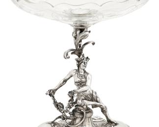 An Austrian 800 standard silver and etched glass figural tazza
possibly Franz Rumwolf, Vienna
fourth quarter 19th century