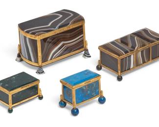 Four Continental gilt metal mounted agate and hardstone boxes
late 19th-20th century
