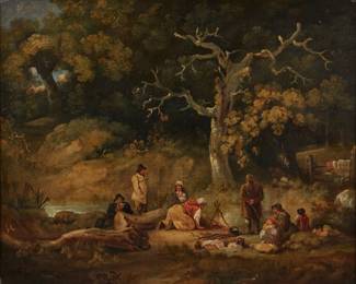 Figures in wooded landscape