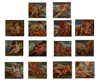 A group of fourteen Continental mythological reverse paintings on glass
possibly 17th/18th century
