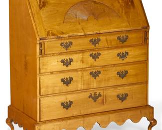 A Queen Anne maple slant front desk on frame
New England, probably Connecticut or New Hampshire
18th century