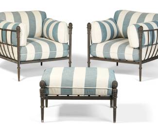 A pair of Murray's Ironworks painted aluminum Concord garden lounge chairs and ottoman
modern