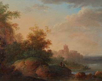 Wooded landscape by a lake with figures fishing and ruins in the distance