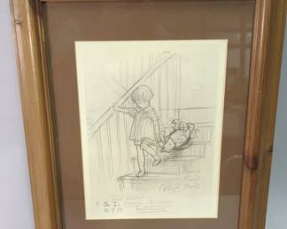 E H Shepard Print Of Winnie The Pooh Chapter 1 Frontispiece First Sketch, Framed Matted Under Glass, 15" W x 19" H