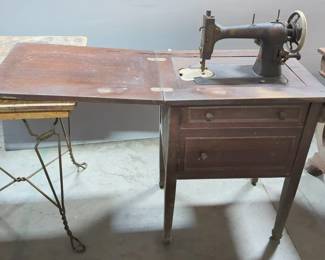 Antique Sewing Table With Franklin Rotary Sewing Machine, Model # 53256, With A Hamilton Beach Motor, Model # 2S491369A, And More, 55" L x 18.5" W x 40.5" H