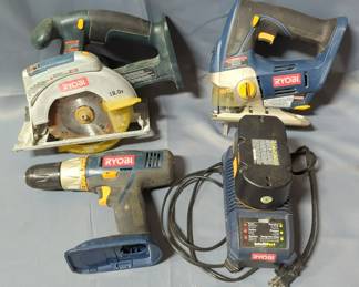 Ryobi Power Tools Including Handsaw, P204 Power Drill, P521 Saw, And Charging Station With Battery