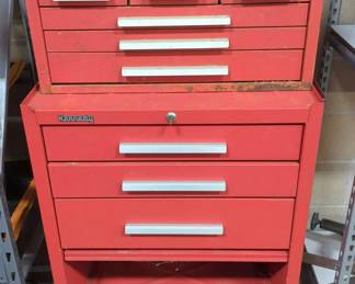 Kennedy Tool Chest And Toolbox, On Wheels, Some Contents Including Coping Saw, Chisel Bits, Wrenches, And More
