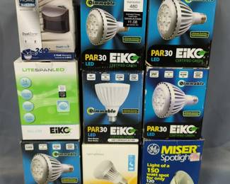 Eiko Par 30 LED Lights, Qty 5, Lighting Science BR20 LED Light, GE Miser Spotlight, Secure Home Photo Sensor, And More