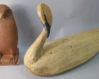 Hand-Carved Wood Swan, Signed By Artist, 17' x 26" x 10", And Metal Sculpted Owl, 14" Tall