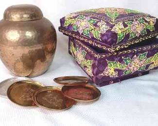 Brass Ginger Jar, Brass Coasters, Woven Hand Painted Basket