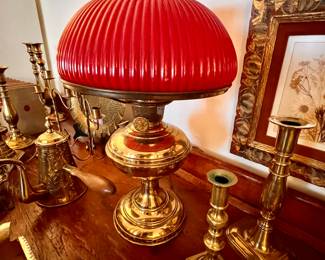 Vtg. Brass lamp and Lots of beautiful antique brass candle sticks