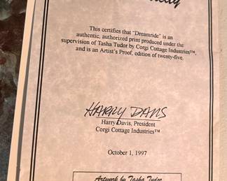 COA - Cert. "Dreamride" poster by Tasha Tudor, Cottage Industries - Artist's Proof, edition of 25