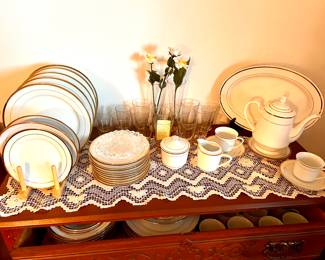 White w/gold trim dish set - 5pc setting for 12 - Made in China