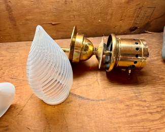 Stunning Vtg brass ceiling oil lamp with iridescent globe - has been converted to electric