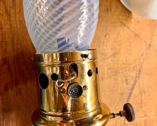 Stunning Vtg brass ceiling oil lamp with iridescent globe - has been converted to electric