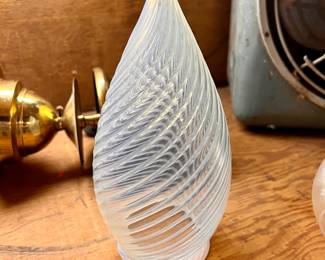 Stunning Vtg brass ceiling oil lamp with iridescent globe - has been converted to electric