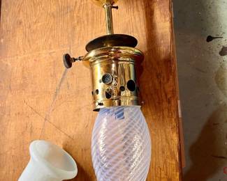 Stunning Vtg brass ceiling oil lamp with iridescent globe - has been converted to electric