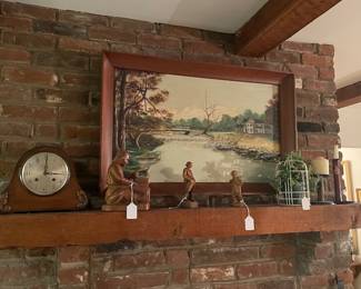 Vintage figurines wood carved antique mantle clock 