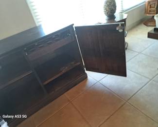 Vintage bar cabinet,  with pull-out rocks tumbler holder. 