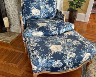 Blue and White floral Chair and ottoman Ethan Allen brand