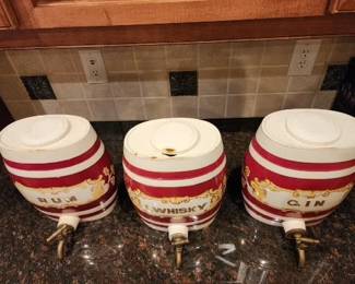 English Pottery Rum Whiskey Gin Small Barrells. Original lids and spouts. RARE