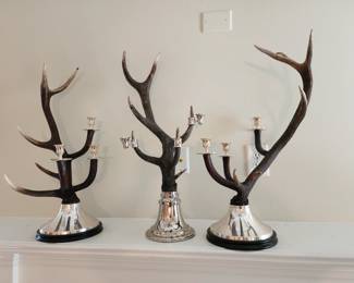 3 Mid Century Horn and Silver Plate Candelabras