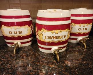 English Pottery Rum Whiskey Gin Small Barrells. Original lids and spouts. RARE!