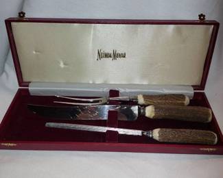 Nice Mutual Hiram Wild Sheffield Carving Set with Stag Antler Handles