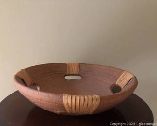 Rustic Clay Bowl with 4 Woven Handles